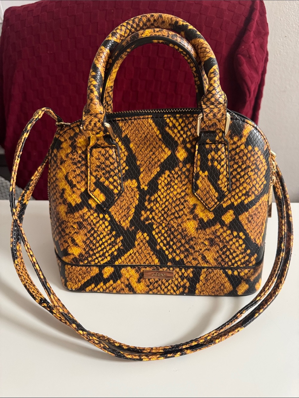 Aldo Yellow and Black Snake-Print Satchel with Detachable Strap